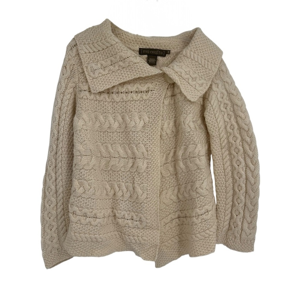 Inis Crafts Merino Wool One Button ivory Cable Knit Cardigan Sweater Medium